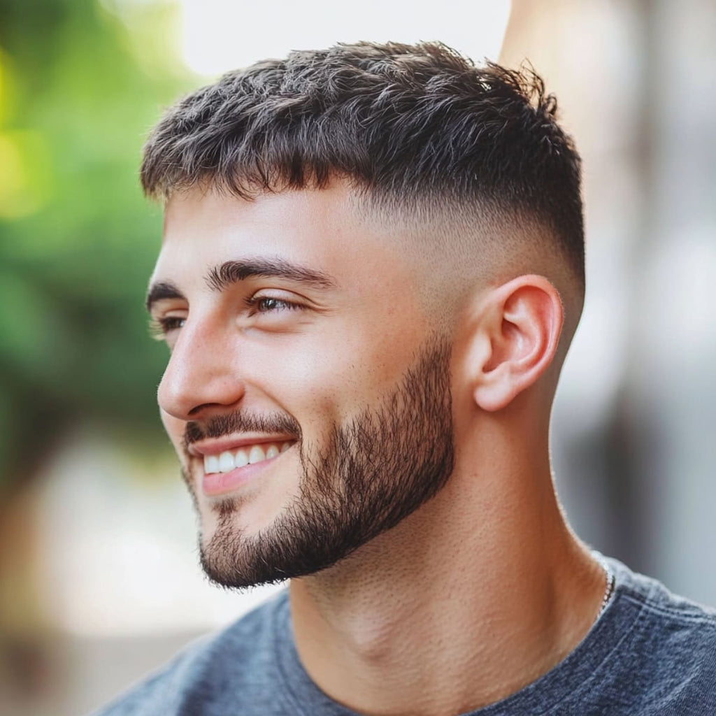 A man with a textured crop for receding hairline smiles confidently, showcasing his modern, low-maintenance hairstyle. The cut features short, choppy layers on top and a clean fade on the sides, which adds volume and draws attention away from the hairline. This men’s receding hairline haircut combines a stylish, youthful look with an effortlessly cool vibe, set against a soft, outdoor background with hints of greenery.