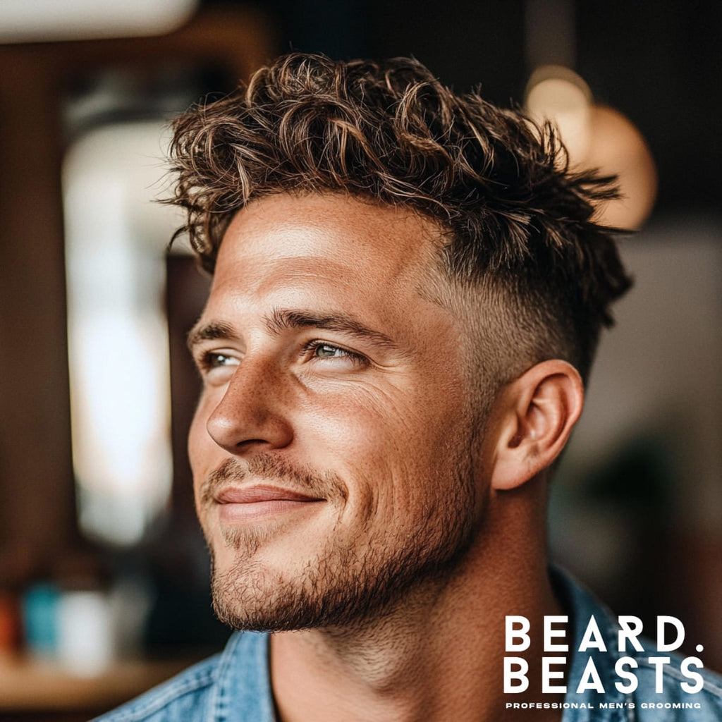 Handsome 30-year-old man showcasing a textured crop with a high fade undercut, featuring tousled, wavy hair on top and a clean, sharp fade on the sides. He smiles confidently in a light, modern barbershop with a warm ambiance, wearing a casual denim shirt. The high fade undercut emphasizes his natural hair texture, creating a stylish yet laid-back look that complements his groomed stubble. The Beard Beasts logo is displayed in the corner, highlighting professional men's grooming.