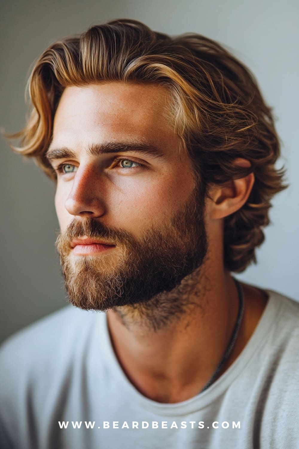 A young man with a textured men's flow haircut, featuring medium-length, wavy blonde-brown hair that is styled with natural volume and soft waves, creating a relaxed yet polished look. His hair flows effortlessly, with some strands framing his face, adding depth and movement to the style. He sports a well-groomed, thick beard that complements his flow haircut, enhancing his rugged and masculine appearance.