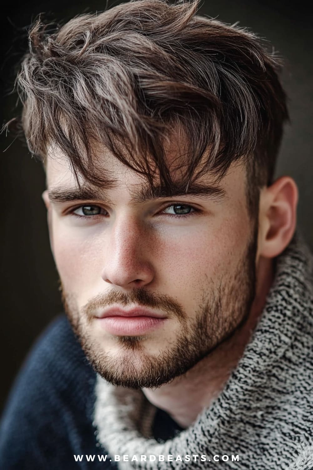 A man with a stylish textured fringe hairstyle is featured in this image, with tousled hair falling naturally over his forehead. The layers and texture add volume, making it an ideal choice for men with thin straight hair. The fringe covers the hairline, cleverly disguising any thinning areas while maintaining a casual and modern look. Paired with a well-groomed beard and a cozy, layered outfit, this hairstyle is perfect for those looking to add dimension and style to thin hair while keeping things effortless and laid-back.