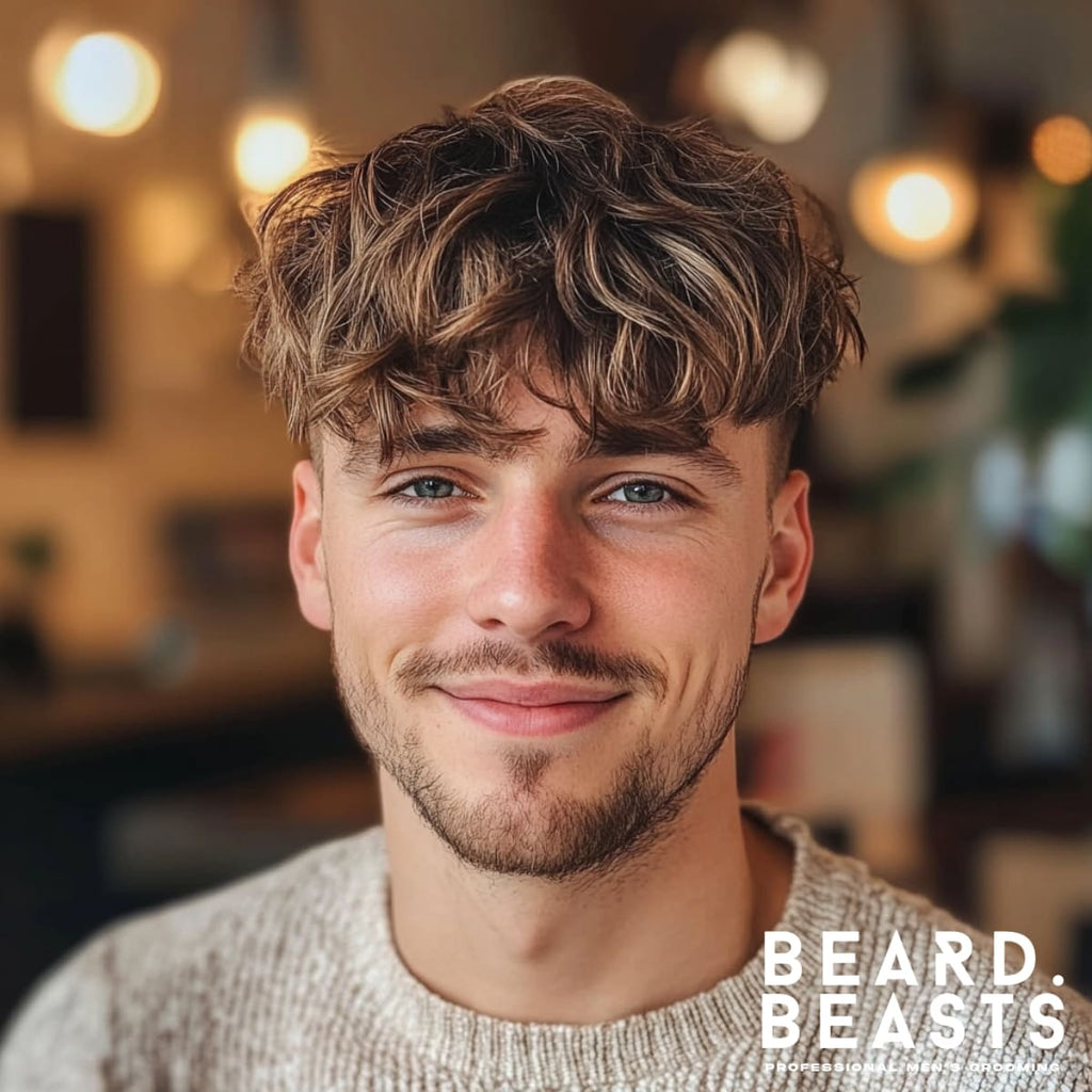 Portrait of a young man with a stylish textured fringe haircut, a trending look among textured haircuts for men. The haircut features soft, wavy bangs that fall naturally over the forehead, creating a relaxed and modern aesthetic. Paired with a light beard and a cozy knit sweater, this look exudes effortless charm, set against a warmly lit indoor background. Perfect for showcasing versatile and casual textured hairstyles for men.