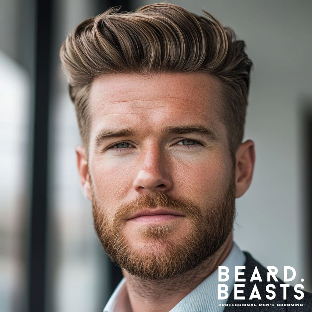 Close-up portrait of a stylish man with a textured pompadour haircut, featuring voluminous, neatly styled hair brushed back with subtle layers for added dimension. His well-groomed beard complements the polished yet modern hairstyle, creating a sophisticated and confident look. The man is dressed in a sharp button-down shirt and blazer, standing in a softly lit urban environment. This image highlights a timeless and versatile grooming style for men.