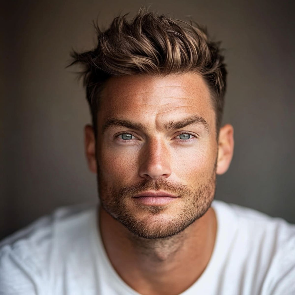 A close-up portrait of a handsome 30-year-old man with a textured quiff hairstyle, ideal for diamond face shape hairstyles for men. His hair is styled with volume and natural waves, perfectly complementing his diamond-shaped face with prominent cheekbones, a narrow forehead, and a defined jawline. A light stubble beard adds balance to his angular features, enhancing his overall look. The softly blurred background keeps the focus on his stylish haircut and facial structure, creating a confident, polished appearance.