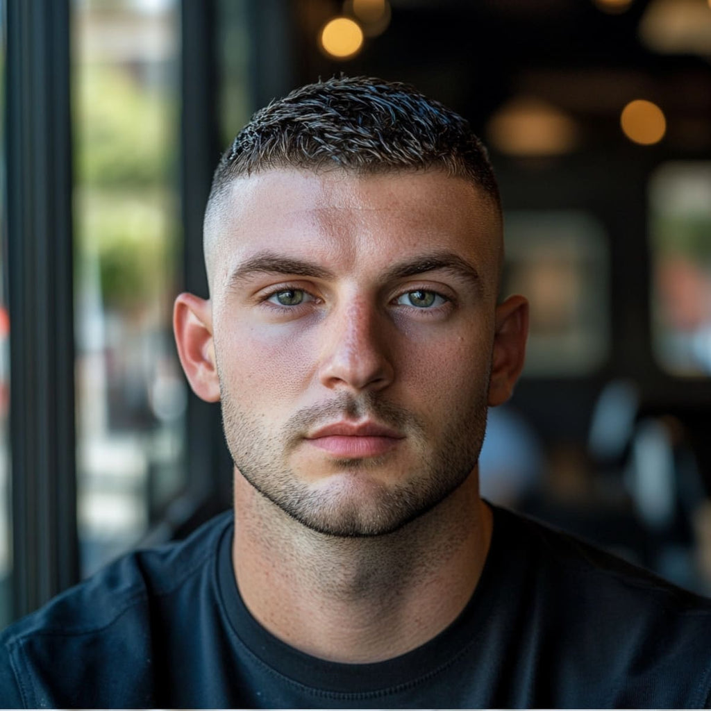 A front-facing portrait of a man with a textured skin fade buzz cut, showcasing a clean fade that transitions smoothly from the skin to short, textured hair on top. The hairstyle is modern and stylish, emphasizing sharp features and a well-groomed appearance. The man has a subtle beard and piercing blue eyes, set against a blurred background of a contemporary café. The natural lighting highlights the precision of the haircut and the texture on top