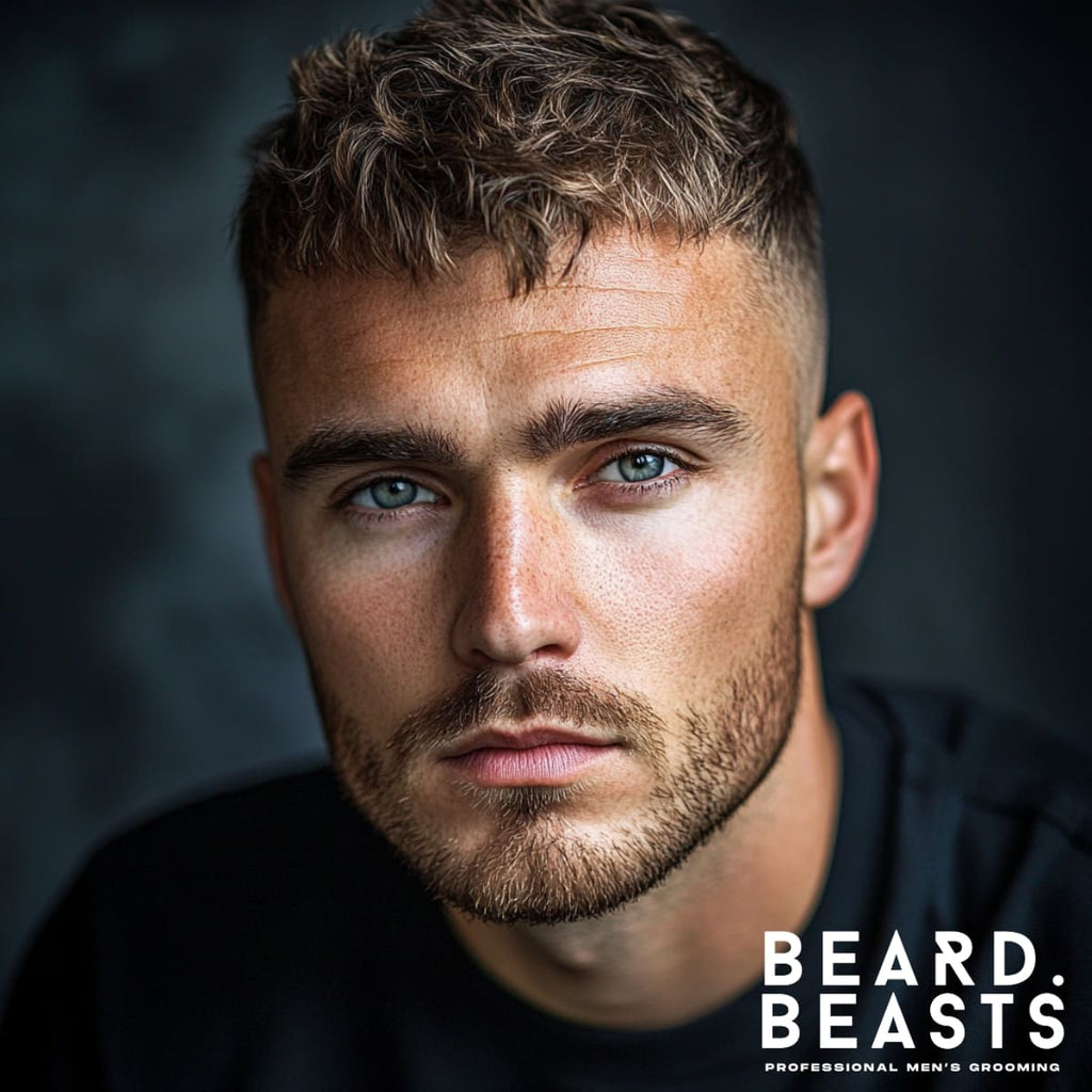 Close-up portrait of a young man with a textured skin fade crew cut, showcasing choppy, tousled layers on top for a natural and relaxed look. The sides feature a clean, gradual skin fade that blends seamlessly into the textured top. The man has a well-groomed beard, enhancing the modern and stylish appearance. A perfect representation of a trendy skin fade crew cut with a textured finish for a casual yet polished vibe.