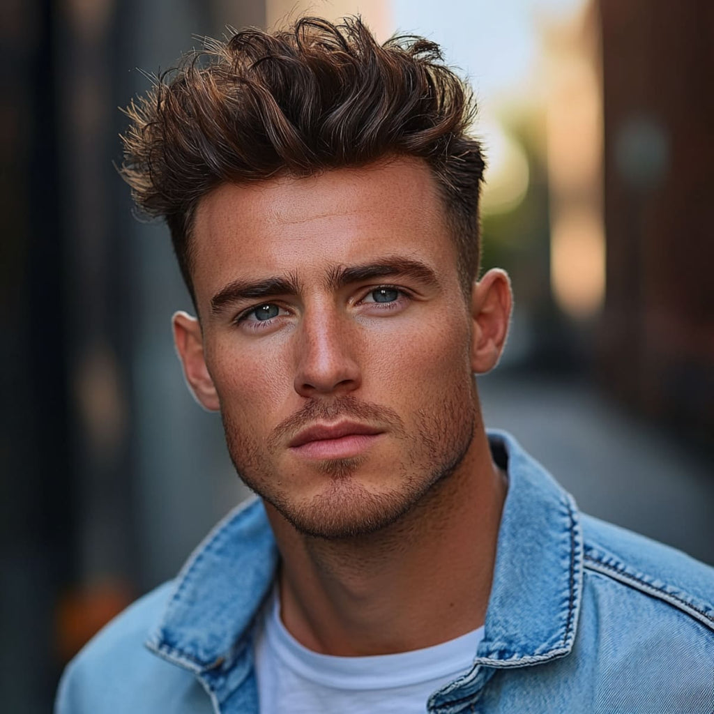 Handsome man with messy spiky hair in a textured quiff style, wearing a denim jacket for a casual and stylish look. The hairstyle features voluminous, tousled spikes with natural texture, ideal for a trendy, effortless appearance.