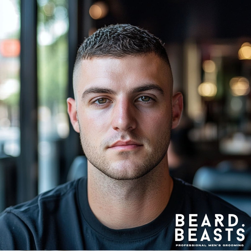 Front-facing portrait of a 30-year-old handsome white man with a textured top high fade buzz cut. The haircut features a clean high fade from the sides blending into short, textured hair on top, styled with a natural finish. He has a neatly trimmed stubble beard, complementing his sharp and modern look. The background is a softly lit, modern barbershop with large windows, blurred details of a stylish interior, and warm light accents.