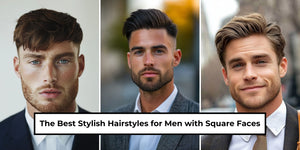 Three stylish hairstyles for men with square faces, showcasing a textured crop, modern undercut, and classic side part, each enhancing the strong jawline and masculine features.