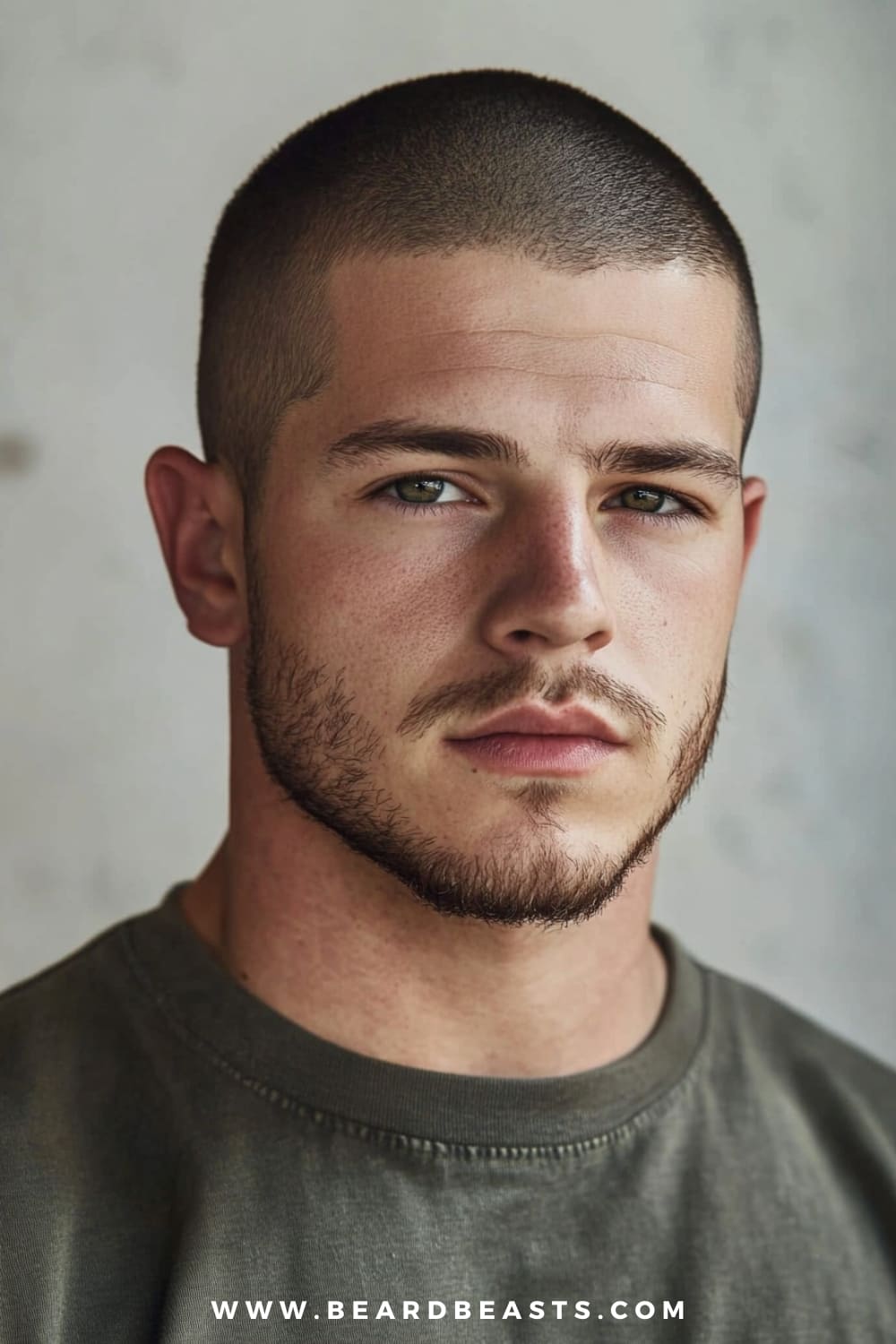 A close-up image of a man with a simple yet stylish Butch Cut, characterized by short, even hair all around his head. The haircut gives a clean, no-fuss appearance that is both practical and timeless. The man’s well-groomed beard adds a touch of ruggedness, complementing the minimalist look of the haircut. He is wearing an olive-green t-shirt that enhances the natural and understated vibe of his style. The background is softly blurred with neutral tones, keeping the focus on his face and the sharp, disciplined lines of the Butch Cut, which exudes quiet confidence and effortless simplicity.