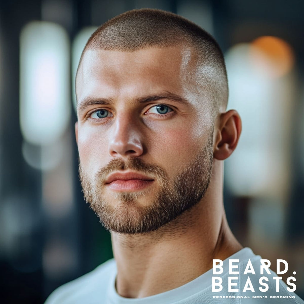 Close-up of a man with a clean buzz cut and neatly trimmed beard, showcasing one of the most popular athletic hairstyles for men. The style highlights simplicity, sharp lines, and low-maintenance grooming, perfect for active lifestyles.