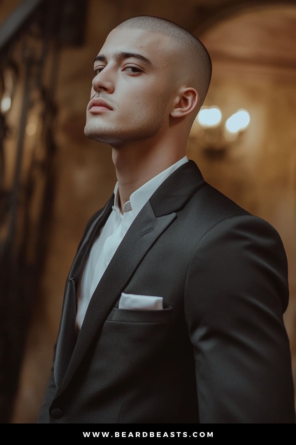 A groom with a sharp and minimalist Buzz Cut hairstyle. His closely shaved head accentuates his strong facial features and clean lines, creating a confident and modern look. Dressed in a sleek black suit with a white shirt and pocket square, he exudes an air of elegance and sophistication, perfect for a formal wedding setting. The subtle, warm lighting adds depth to the image, highlighting the groom's poised and composed demeanor, making this look ideal for a contemporary and stylish wedding day.