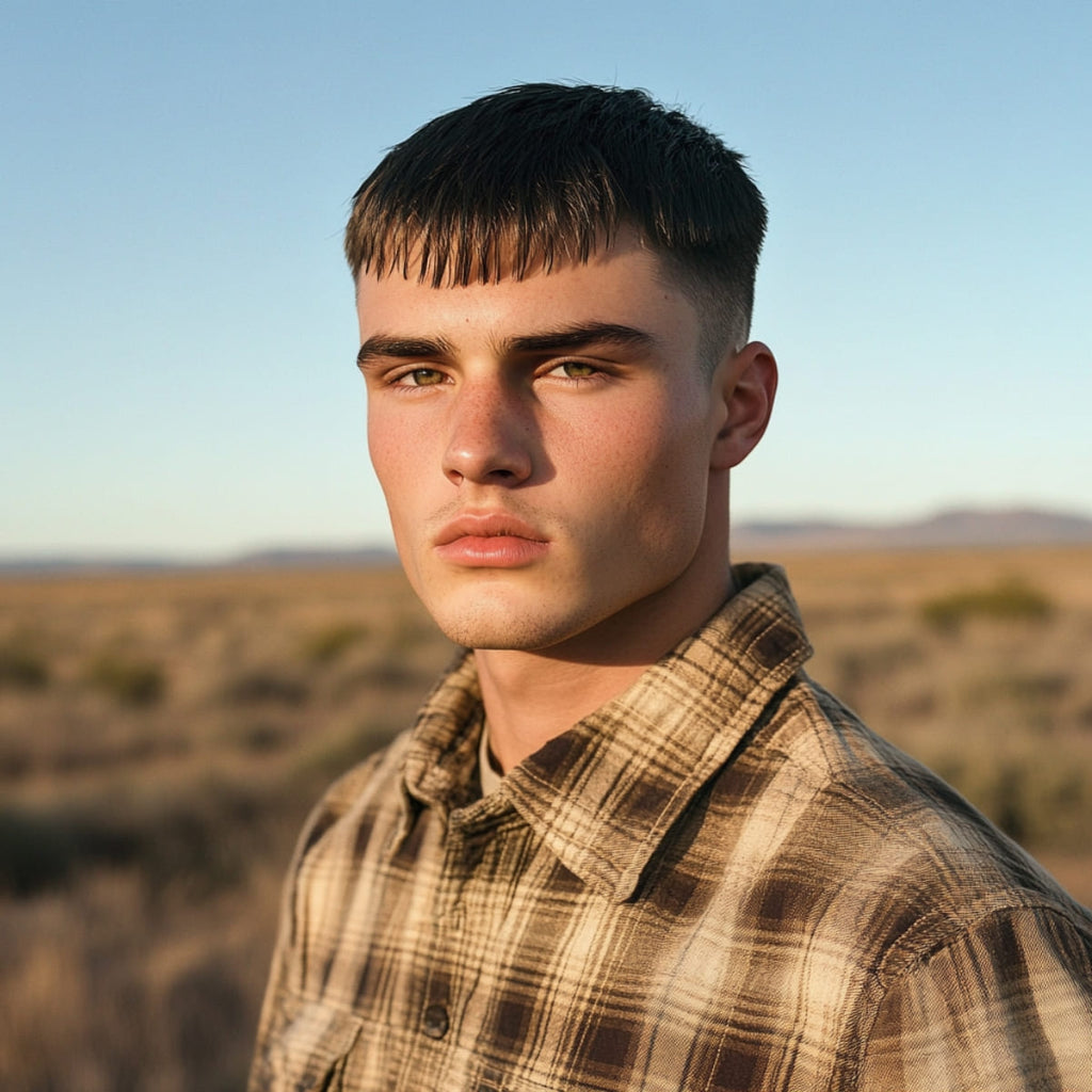 Young man with a Cowboy Caesar Cut, featuring a short, even crop on top with a straight, forward-facing fringe and closely trimmed sides. He wears a plaid shirt, standing against an open desert landscape, capturing the rugged and practical look of this classic Western-inspired hairstyle. The haircut’s clean lines and low-maintenance style blend modern cowboy aesthetics with the timeless Caesar cut. Perfect for a confident, straightforward look that suits outdoor and rustic settings.