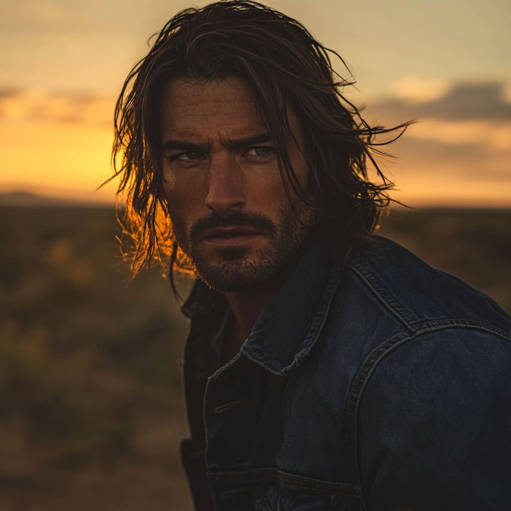 Man with long, center-parted 'Cowboy Curtains' hairstyle, featuring shoulder-length, tousled waves that frame his face, set against a golden sunset in a desert landscape. Dressed in a classic denim jacket, he gazes intensely into the distance, embodying the rugged, timeless charm of a modern cowboy. This cowboy haircut combines vintage Western style with a relaxed, natural texture.