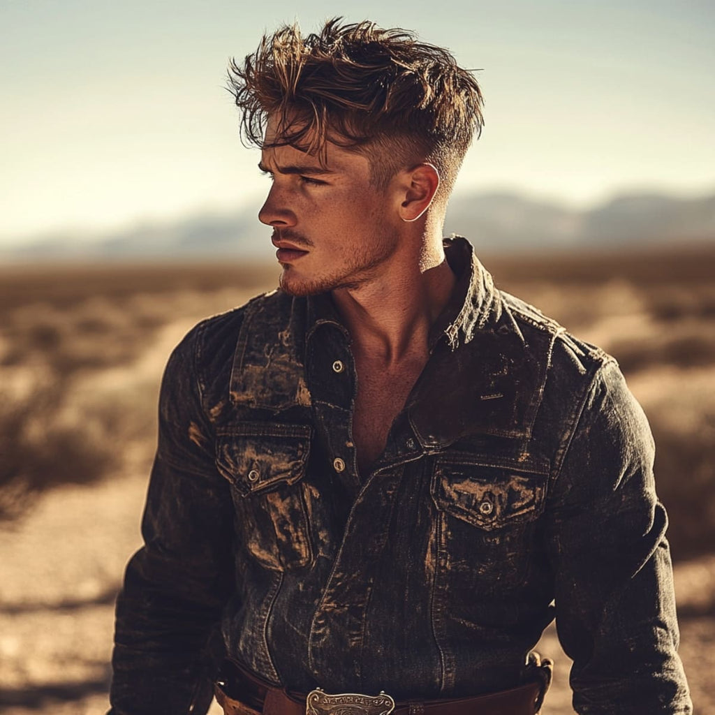 Man with a Shadow Fade and Textured Quiff haircut, featuring short, faded sides and a voluminous, tousled top styled into a quiff. Standing in a sunlit desert landscape, he wears a distressed denim jacket and a Western-style belt, embodying the rugged yet stylish appeal of a modern cowboy. This cowboy haircut combines edgy fade techniques with a bold, textured quiff for a versatile, contemporary Western look.