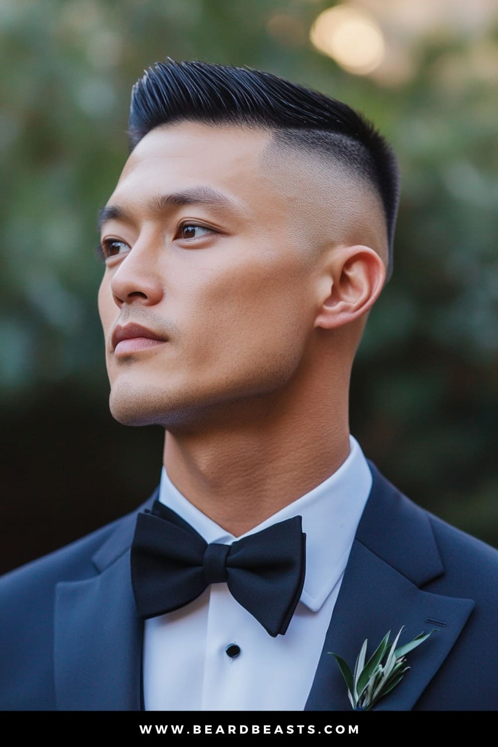 A groom with a sharp Crew Cut hairstyle, showcasing one of the most classic and clean men's wedding hairstyles. His hair is styled with a neat, high fade on the sides, while the top remains short and precisely combed, creating a polished and refined appearance. Dressed in a black tuxedo with a bow tie and a subtle boutonniere, he exudes elegance and sophistication, perfect for a formal wedding setting.