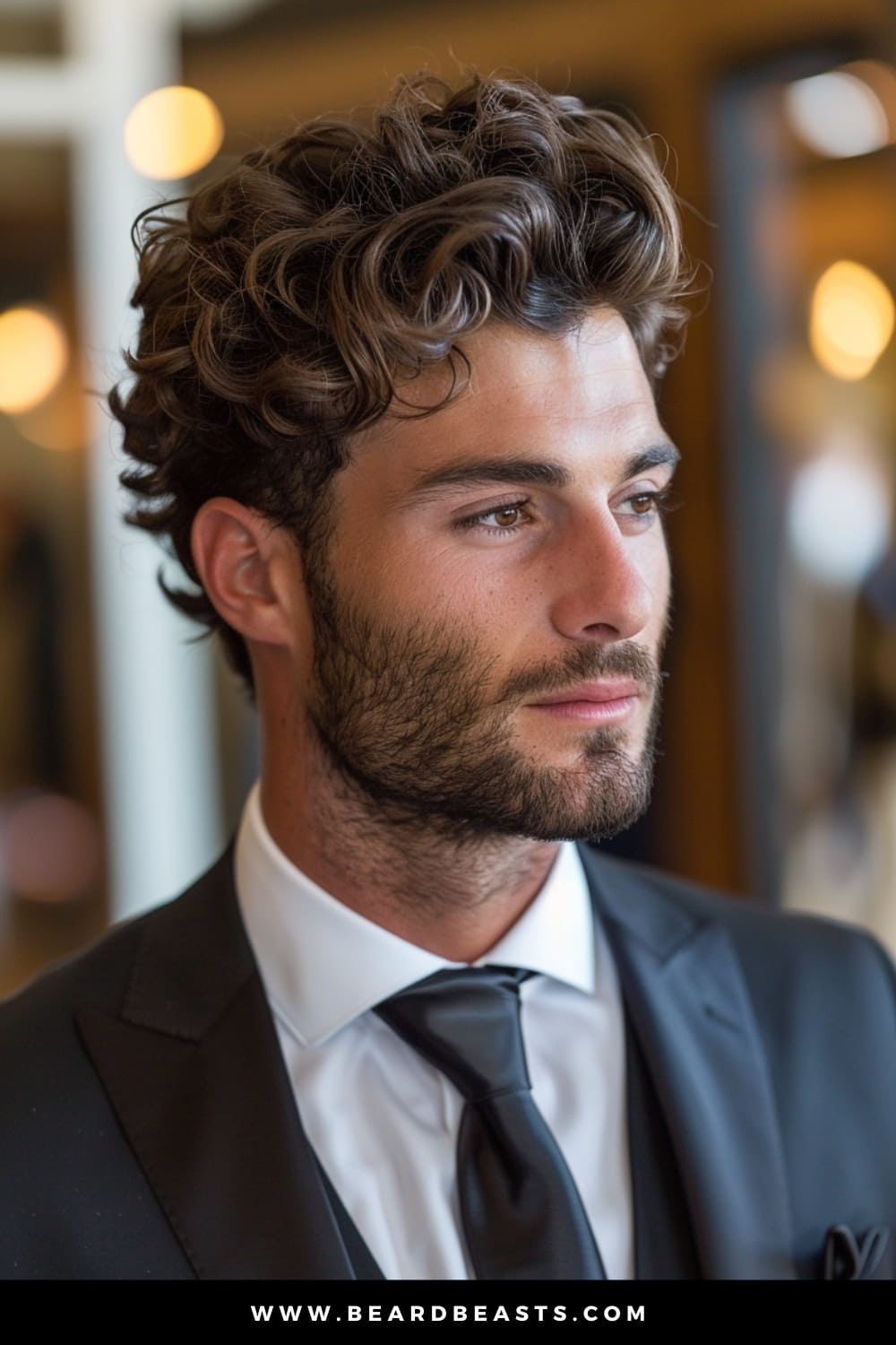 A groom with a stylish Curly Quiff hairstyle, highlighting one of the top men's wedding hairstyles. His hair is naturally curly and voluminous, expertly styled into a quiff that adds height and texture, creating a sophisticated yet relaxed look. Complemented by a well-groomed beard, this hairstyle exudes confidence and elegance. Dressed in a sleek black suit with a matching tie, he is the epitome of modern sophistication, making this look ideal for a formal wedding setting. The soft, warm lighting enhances the groom's polished and refined appearance, perfect for a memorable wedding day.