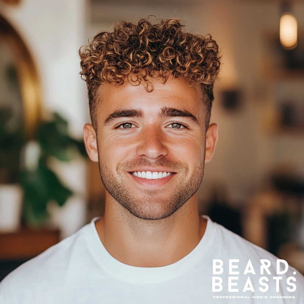 Portrait of a cheerful young man with a curly textured top, a standout choice among textured haircuts for men. His naturally defined curls are styled with volume and shape, complementing his neatly trimmed beard for a fresh and modern look. Dressed in a casual white T-shirt, he stands in a warmly lit indoor setting with soft background details, emphasizing his vibrant and approachable style. Perfect for showcasing versatile and natural-textured hairstyles for curly-haired men.