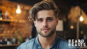 A warm, inviting image of a man with a stylish high fade comb over haircut.