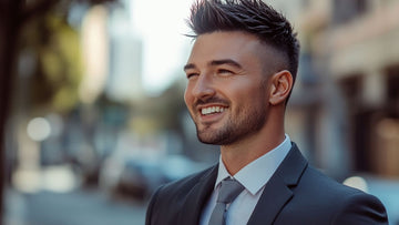  A man with a stylish high fade spiky haircut smiles confidently in an outdoor setting. 