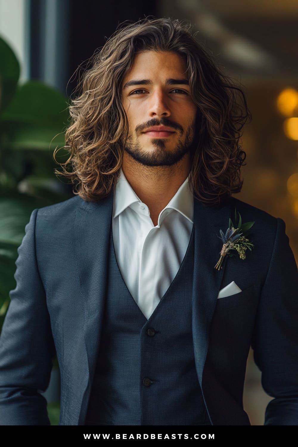 A groom with a Long and Flowing hairstyle, showcasing one of the most elegant men's wedding hairstyles. His naturally wavy hair cascades over his shoulders, creating a relaxed yet sophisticated look that exudes confidence and charm. Complemented by a well-groomed beard, his hairstyle perfectly balances a carefree, bohemian vibe with refined elegance. Dressed in a tailored three-piece suit with a boutonniere, he is the epitome of modern style, making this look ideal for a rustic or outdoor wedding setting.