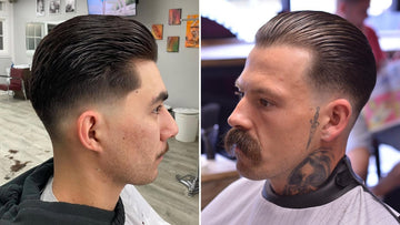 A side-by-side comparison showcasing two men with low fade slick back haircuts in different barbershop settings.