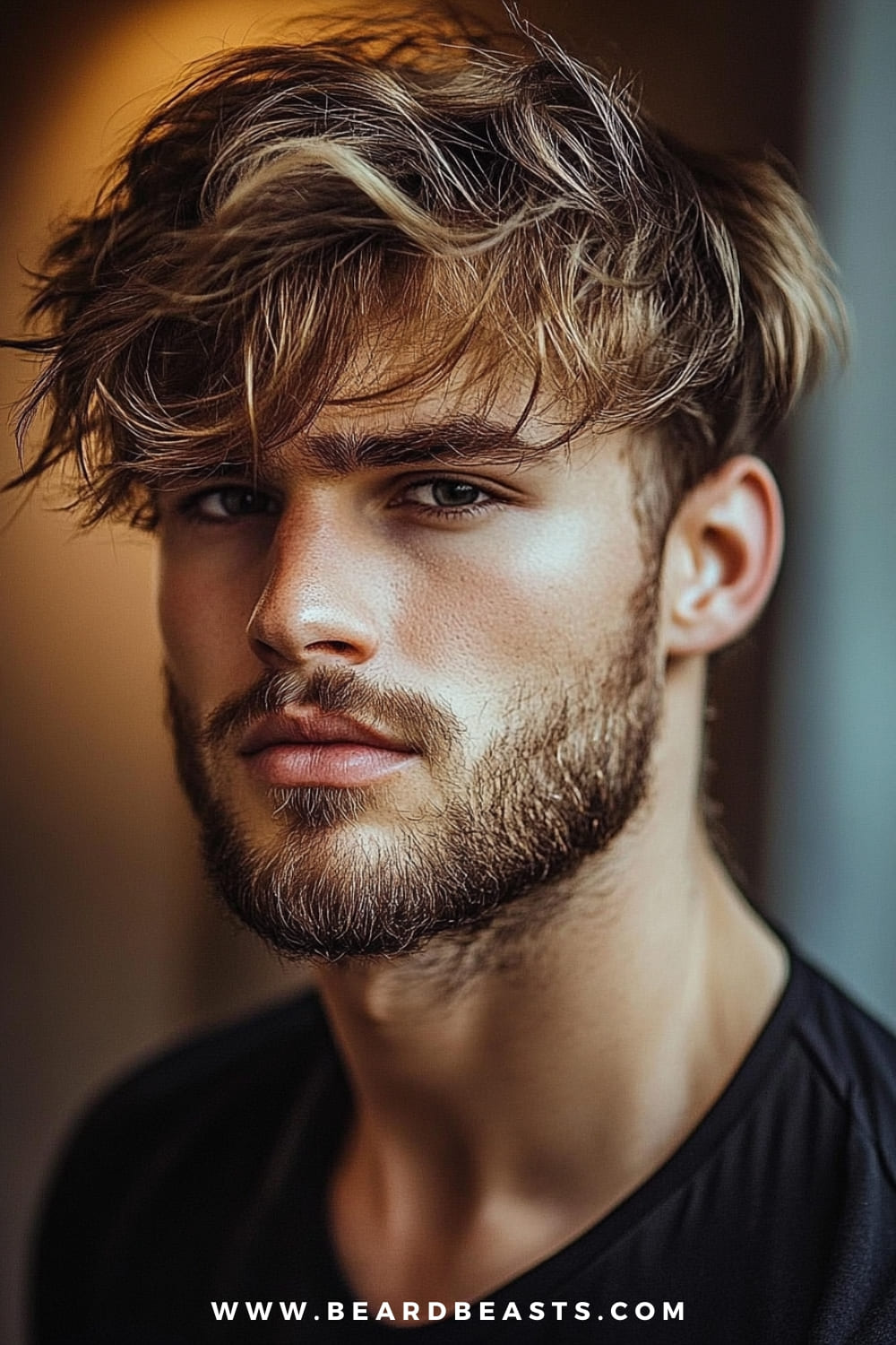 A young man with a rugged, handsome appearance is showcasing a messy fringe hairstyle. His hair is styled with a deliberate tousled effect, giving off an effortlessly cool and slightly rebellious vibe. The fringe falls naturally over his forehead, adding a touch of mystery to his look, while the sides are kept slightly shorter to emphasize the volume and texture on top. His beard is well-groomed, complementing the tousled hair and enhancing his masculine features.