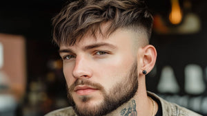 A man with a messy fringe mid fade haircut, featuring textured, tousled hair on top and a clean fade on the sides. 