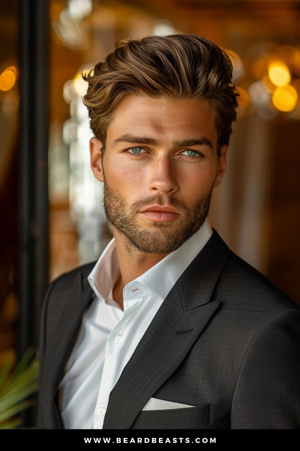 A groom with a modern Pompadour hairstyle, showcasing one of the most stylish men's wedding hairstyles. His hair is voluminous and expertly styled with a natural wave, paired with a well-groomed beard that enhances his sharp jawline. Dressed in a tailored black suit with a crisp white shirt, he exudes confidence and sophistication, perfect for a formal wedding setting. The warm, ambient lighting in the background highlights his striking blue eyes and adds to the elegant atmosphere, making this look ideal for a memorable wedding day.