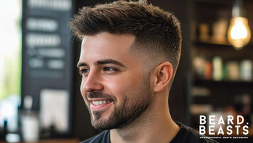 Smiling man with a sharp and stylish short textured quiff haircut, featuring neatly faded sides and a voluminous, naturally tousled top. 