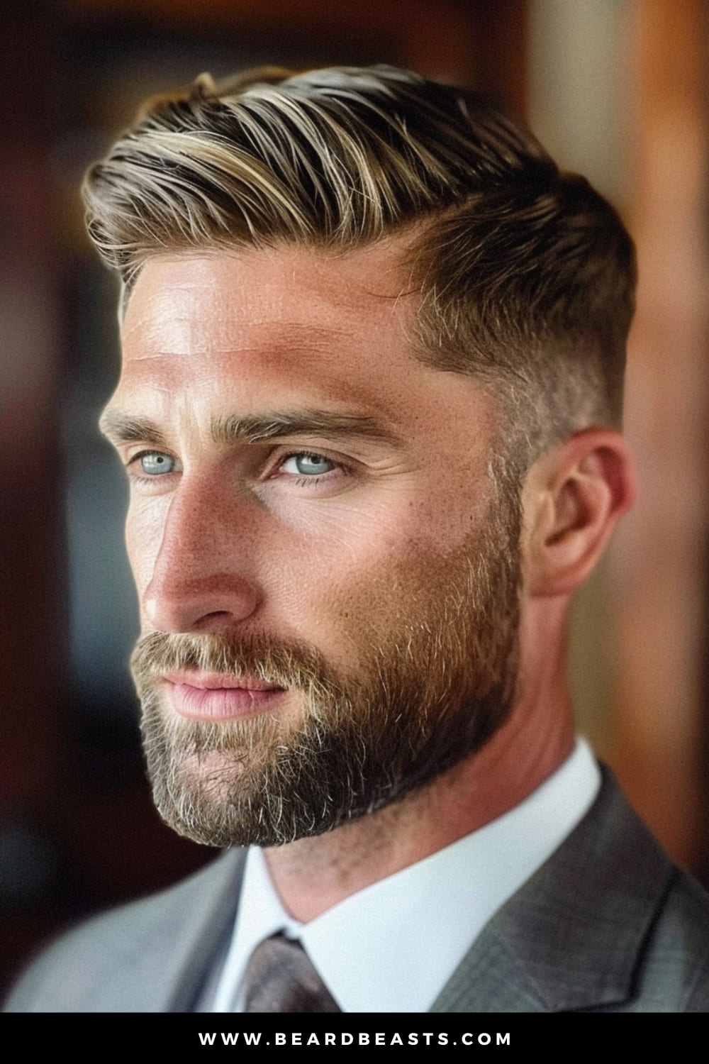 A groom sporting a classic Side Part hairstyle, perfect for men's wedding hairstyles. His hair is neatly combed to the side, creating a structured and polished look that complements his well-groomed beard. Dressed in a sharp suit and tie, he exudes confidence and sophistication, ideal for a formal wedding setting. The soft focus and warm lighting enhance the refined and elegant atmosphere, capturing the groom's thoughtful and composed expression.