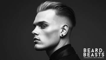 A sleek and modern black-and-white portrait of a man showcasing a sharp skin fade slick back hairstyle.