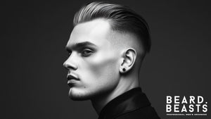 A sleek and modern black-and-white portrait of a man showcasing a sharp skin fade slick back hairstyle. 