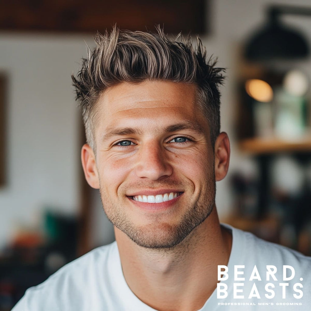 Portrait of a confident young man showcasing a spiky textured look, a bold and trendy choice among men's textured haircuts. His short to medium-length hair is styled upward in sharp, defined spikes, adding a playful and edgy vibe. Paired with a clean-shaven look and a casual white T-shirt, the hairstyle highlights his youthful energy and modern sense of style. Set in a warmly lit indoor background, this image perfectly captures the versatility and dynamic appeal of textured hairstyles for men.