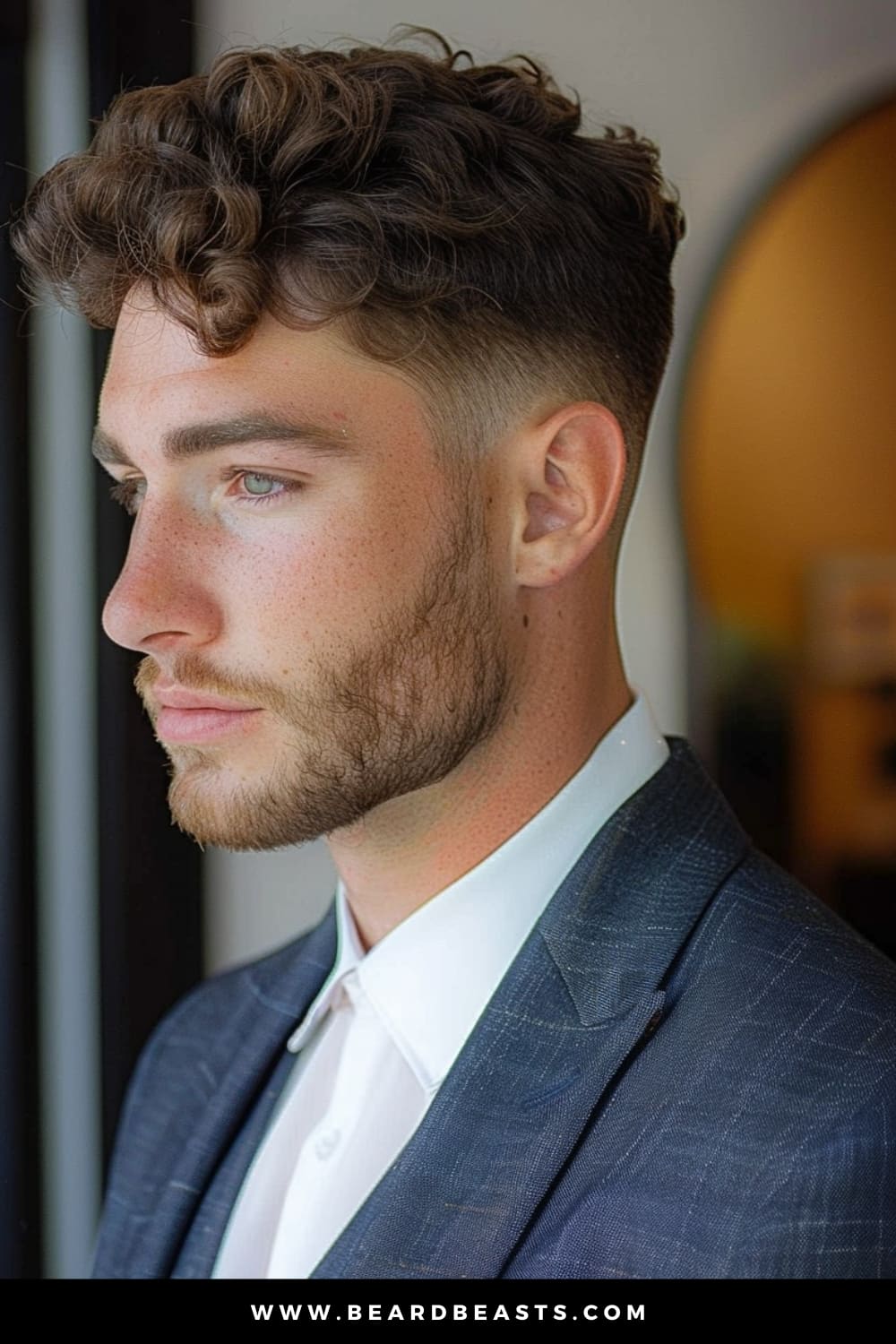 A groom with a stylish Taper Fade hairstyle, highlighting one of the top men's wedding hairstyles. His hair features natural, defined curls on top, seamlessly transitioning into a clean fade on the sides. Complemented by a neatly trimmed beard, this look exudes modern sophistication. He is dressed in a sharp, tailored suit with a crisp white shirt, making this hairstyle perfect for a contemporary wedding setting. The soft lighting and thoughtful expression enhance the groom's polished and refined appearance, ideal for a memorable wedding day.