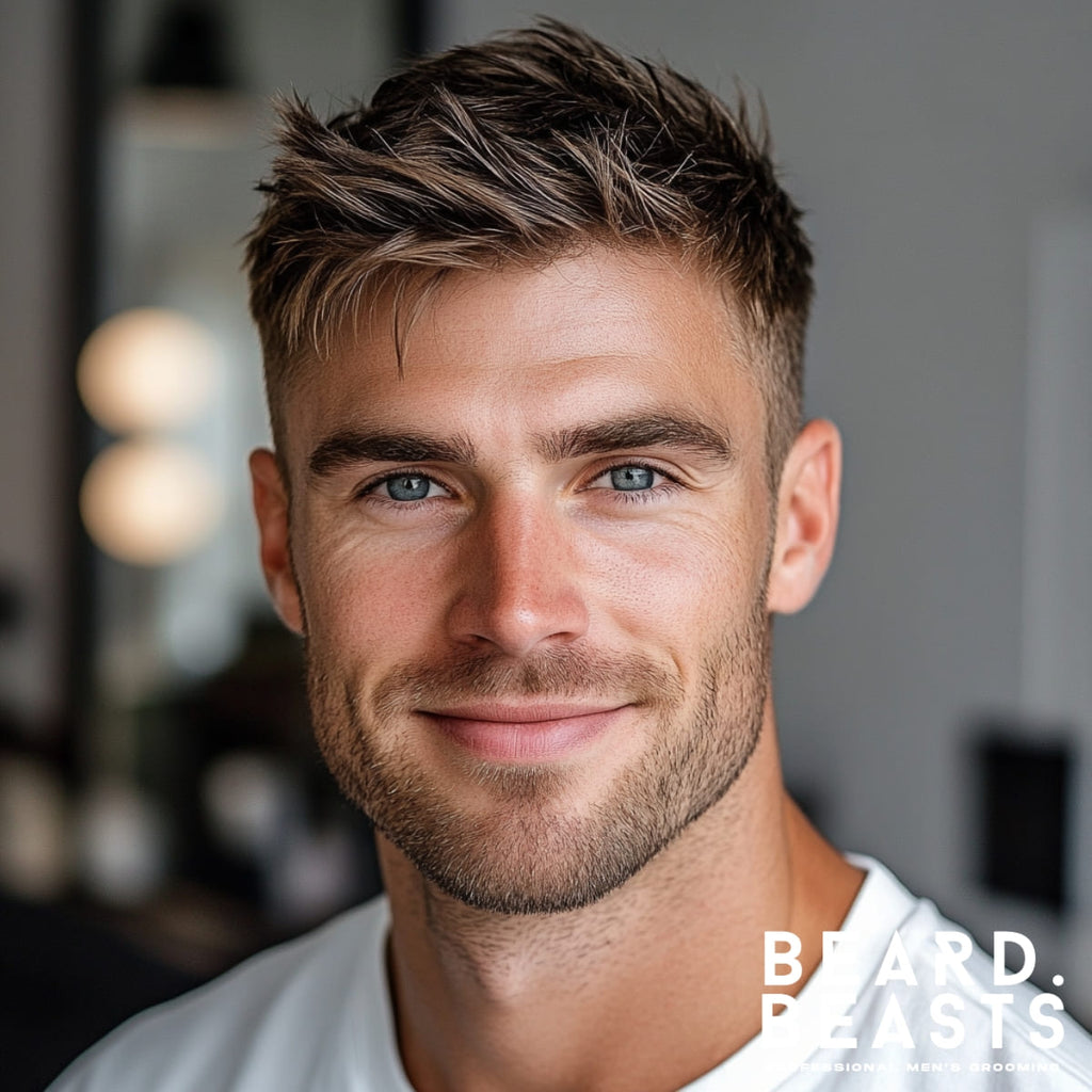 Portrait of a stylish young man featuring a textured crop haircut, a classic option among textured haircuts for men. The hairstyle showcases short, choppy layers with a tousled and natural finish, creating a modern and low-maintenance look. Complemented by a light stubble beard and a casual white T-shirt, the man exudes confidence in a softly lit barbershop environment. This image highlights the versatile and timeless appeal of men's textured haircuts.