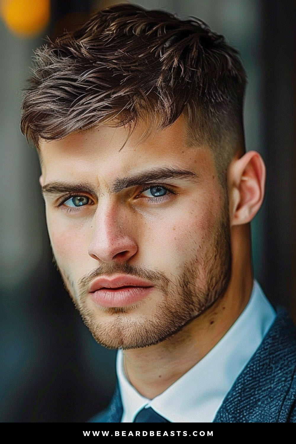 A groom with a modern Textured Crop hairstyle, showcasing one of the top men's wedding hairstyles. His hair is styled with natural texture and volume, giving it a rugged yet polished appearance. The sides are cleanly faded, providing a sharp contrast to the textured top. Complemented by a neatly trimmed beard, this look is both trendy and sophisticated, perfect for a contemporary wedding. Dressed in a tailored suit, he exudes confidence and modern elegance, making this hairstyle an ideal choice for a stylish wedding day.