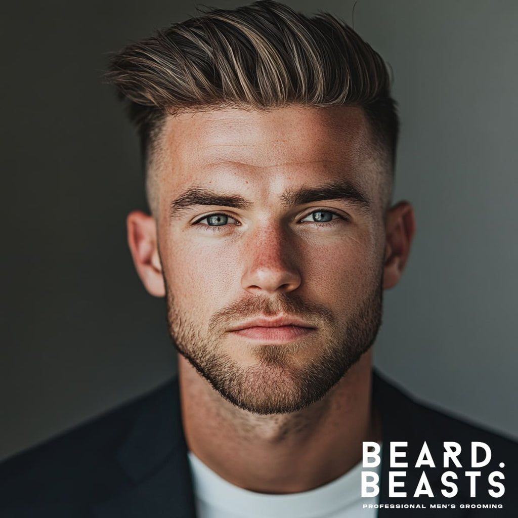 Portrait of a stylish young man showcasing an undercut with texture, a popular choice among textured haircuts for men. The haircut features short, closely shaved sides that contrast with the longer, textured top styled back for a sleek and modern look. His well-groomed beard adds to the clean and confident appearance, complemented by a minimalist outfit and neutral backdrop. Ideal for highlighting sharp, versatile men's grooming styles.