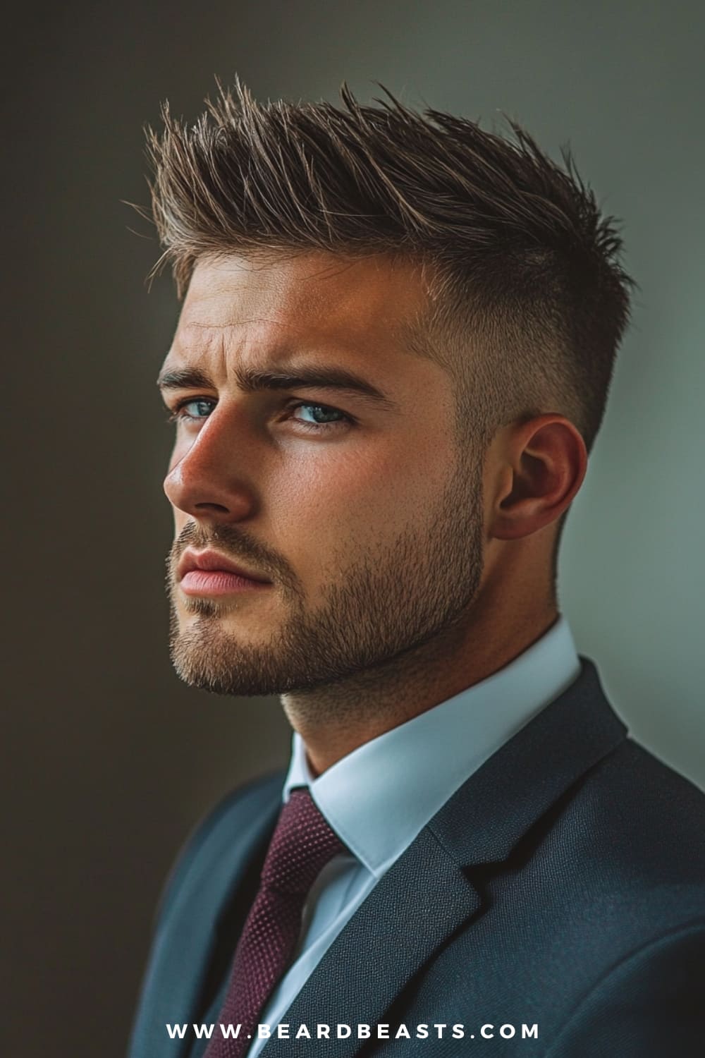 A man with a sharp spiky hairstyle is featured in this close-up image, showcasing his thin straight hair styled upwards for added volume. The hair on top is textured and spiked, while the sides are faded short, creating a modern and edgy contrast. This hairstyle for men with thin straight hair effectively adds height and fullness, giving the appearance of thicker hair. Paired with a neatly groomed beard and a tailored suit, this look is perfect for both professional and casual settings, combining style with sophistication.