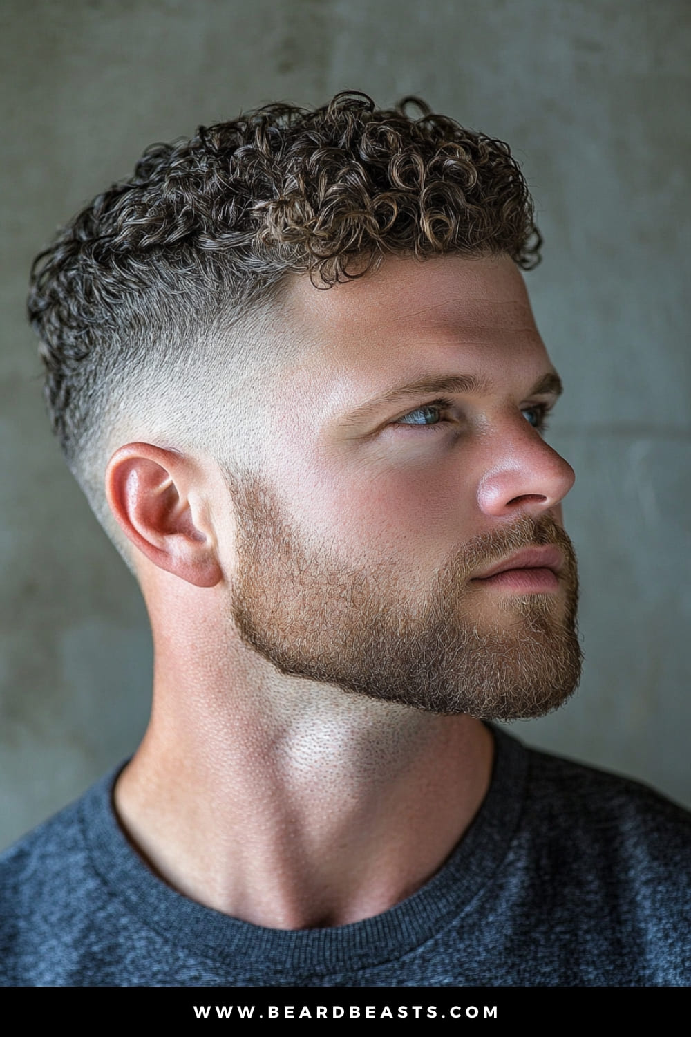 A man with well-defined curly hair sporting a fade haircut. His curls are neatly styled on top, transitioning into a sharp fade around the sides and back. He also has a well-groomed beard that complements the clean and sharp haircut, giving a modern and polished appearance. The setting appears neutral, emphasizing his hairstyle.