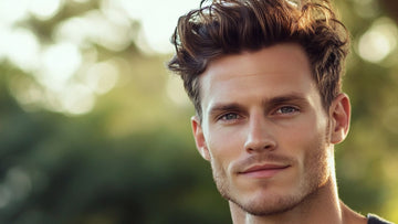 A close-up portrait of a handsome man with a diamond face shape and a textured quiff hairstyle, ideal for Diamond Face Shape Hairstyles for Men. 