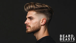 Side profile of a 30-year-old man featuring a skin fade pompadour, with a voluminous, swept-back top showcasing soft texture and movement. 