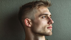 A side profile of a man with a modern textured crop haircut, ideal for haircuts for guys with small heads. 