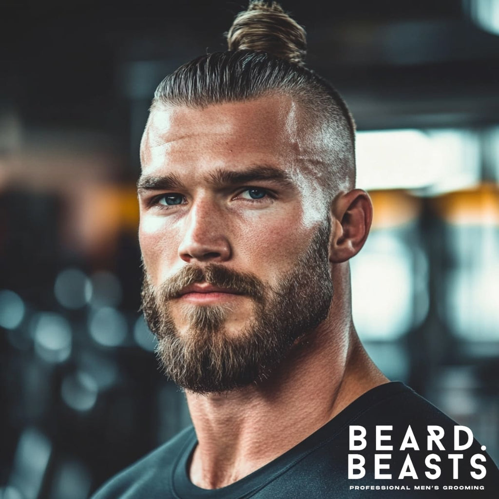 Close-up of a man with a top knot hairstyle paired with a bold undercut, showcasing a modern and edgy haircut for bodybuilders. The sharp contrast between the shaved sides and the sleekly tied top knot highlights his strong facial features and athletic build. The neatly groomed beard adds balance, creating a powerful and stylish look.