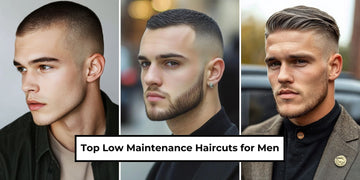 Collage of three men showcasing different low maintenance haircuts for men, including a buzz cut, high and tight, and comb-over styles. These easy-to-maintain hairstyles combine minimal effort with maximum style.