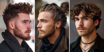  A collage of three stylish men showcasing different wavy hairstyles for men.