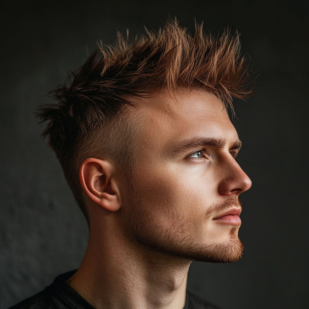 Side profile of a man with a tousled faux hawk hairstyle, featuring bold, messy spiky hair on top with clean, faded sides. The look combines edgy spikes with a stylish faux hawk, creating a modern and daring appearance.