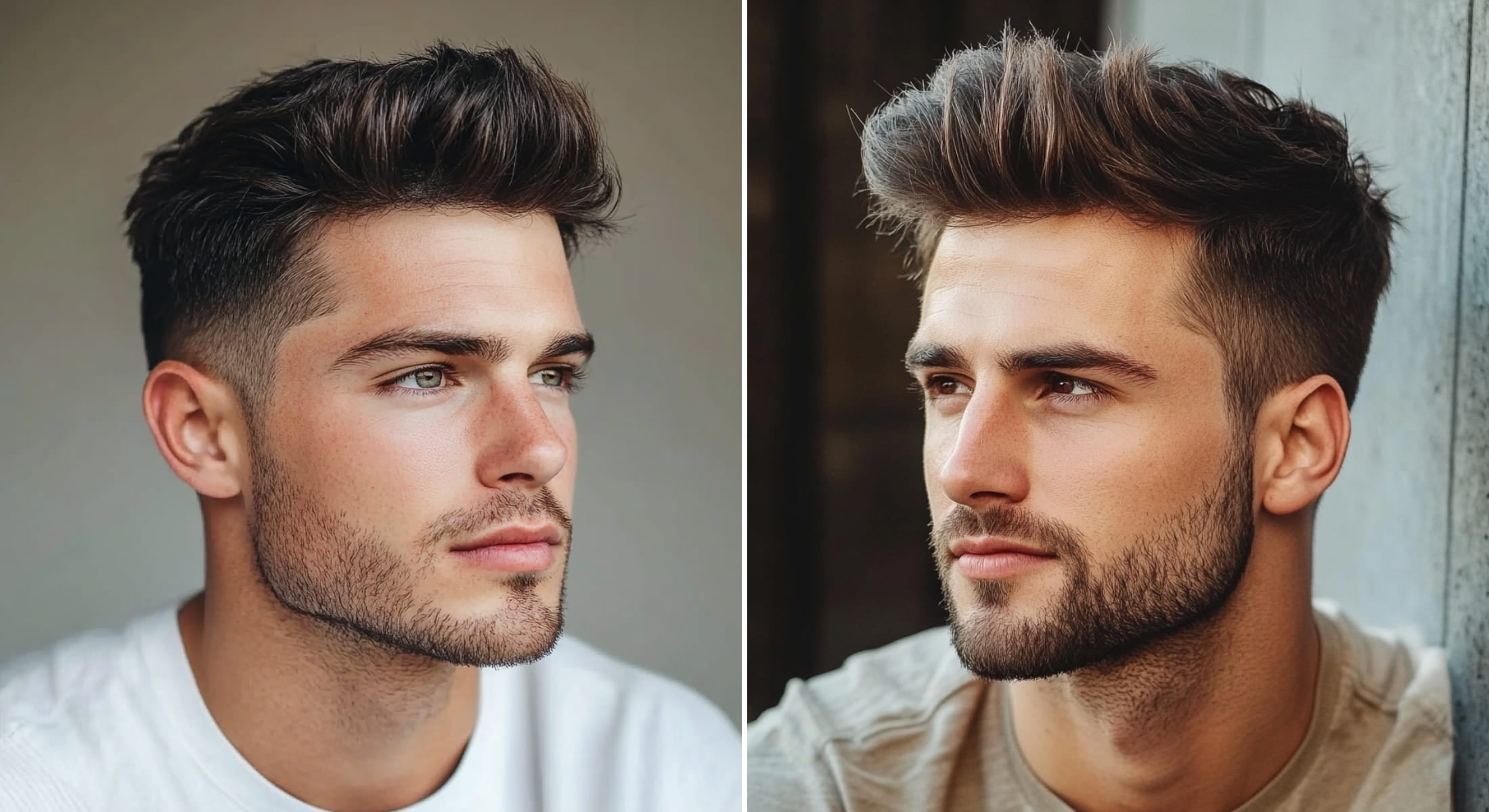 Side-by-side portraits of two men showcasing the textured quiff hairstyle. Both have short sides and back with voluminous, textured hair on top. The left image shows a man with light brown hair styled in a soft, upward quiff, paired with a neatly trimmed beard. The right image features a similar hairstyle with slightly more volume and texture, complementing the man’s light stubble. Both men have sharp, well-defined features, highlighting the versatility and appeal of the textured quiff.