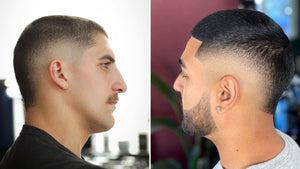 Side-by-side comparison of two men with burst fade buzz cut haircuts.