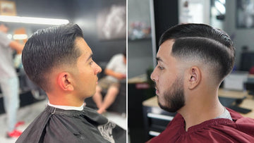 Side profiles of two men showcasing different variations of the comb over low fade haircut. 