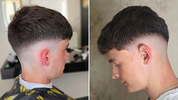 A side-by-side image of two young men, both showcasing a stylish French crop mid fade haircut.